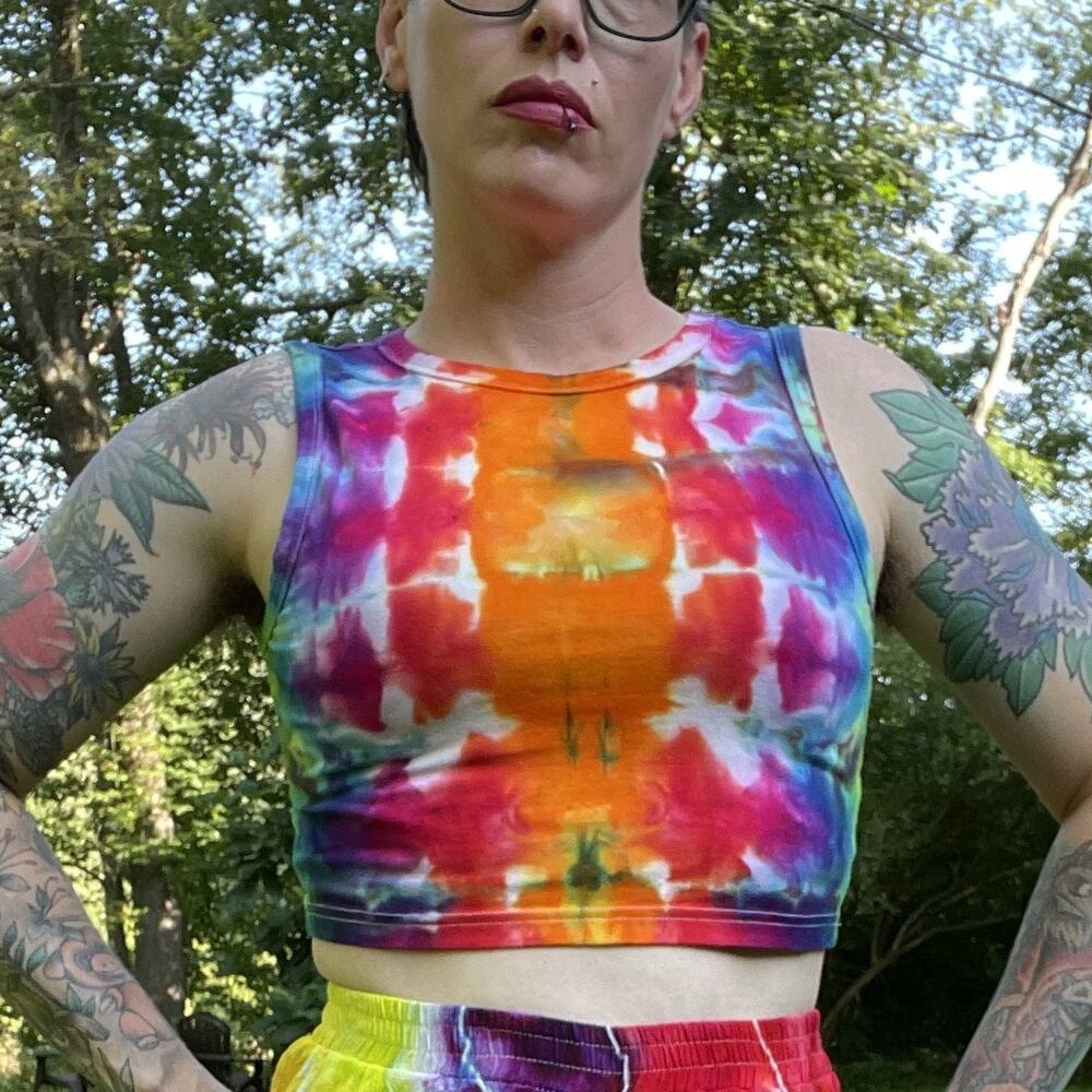 Women's Tie Dyed Tank Crop - Ice Dye Handmade - Funky Rainbow (Fitted Large)